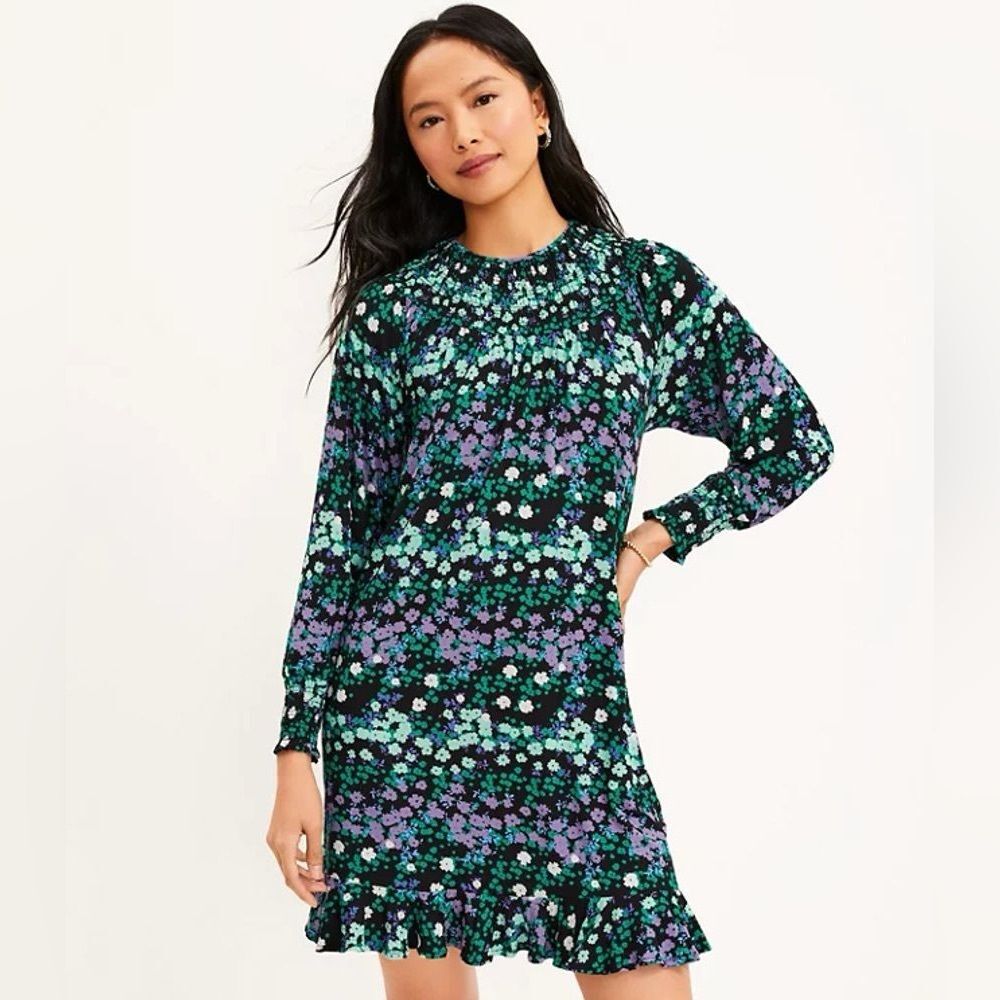 Loft Purple and Green Floral Smocked Flounce Long Sleeve Mini Dress SZ XS
